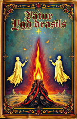 An ancient fantasy book cover beautifully ornamented with vibrant colors