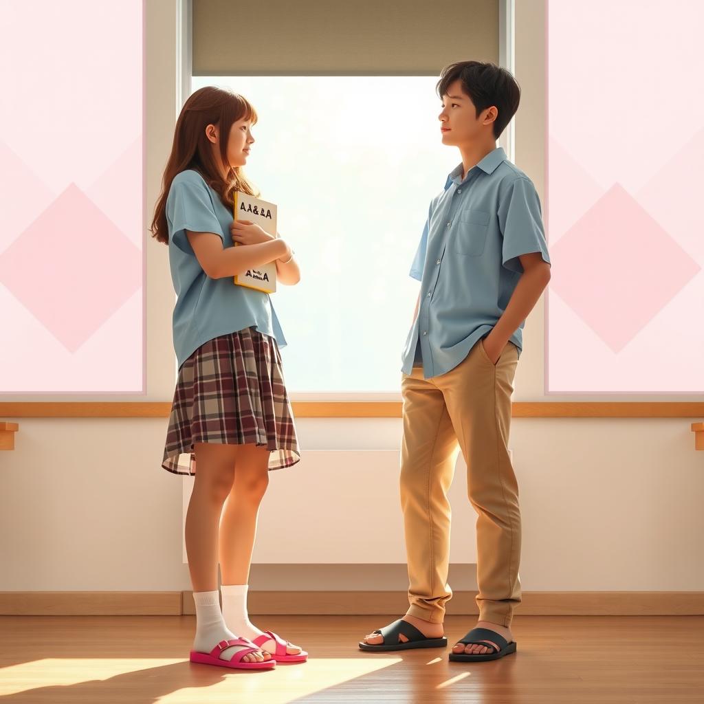 A warmly lit school room where two teenagers stand face to face, embodying a simple yet meaningful connection
