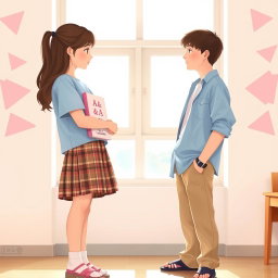 A warmly lit school room where two teenagers stand face to face, embodying a simple yet meaningful connection