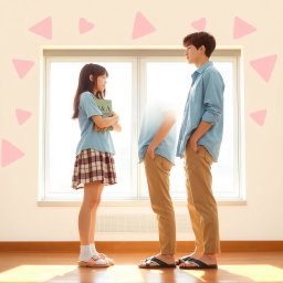 A warmly lit school room where two teenagers stand face to face, embodying a simple yet meaningful connection