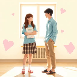 A warmly lit school room where two teenagers stand face to face, embodying a simple yet meaningful connection