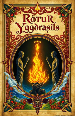 An ancient fantasy book cover adorned with intricate ornaments in vibrant colors, featuring a central flame