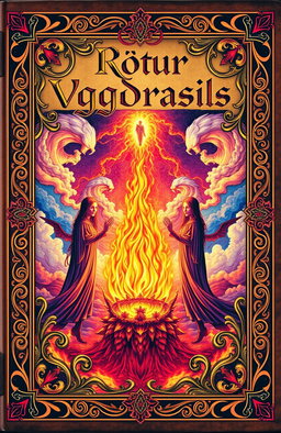 An ancient fantasy book cover adorned with intricate ornaments in vibrant colors, featuring a central flame