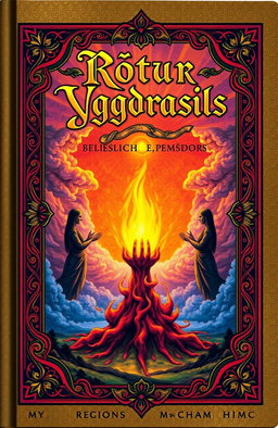 An ancient fantasy book cover adorned with intricate ornaments in vibrant colors, featuring a central flame