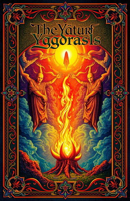 An ancient fantasy book cover adorned with intricate ornaments in vibrant colors, featuring a central flame