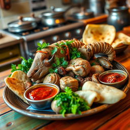 A beautifully arranged platter of Kalleh Pacheh, a traditional Middle Eastern dish consisting of sheep's head and trotters, garnished with parsley and served with fresh herbs, flatbread, and a side of spicy dipping sauce