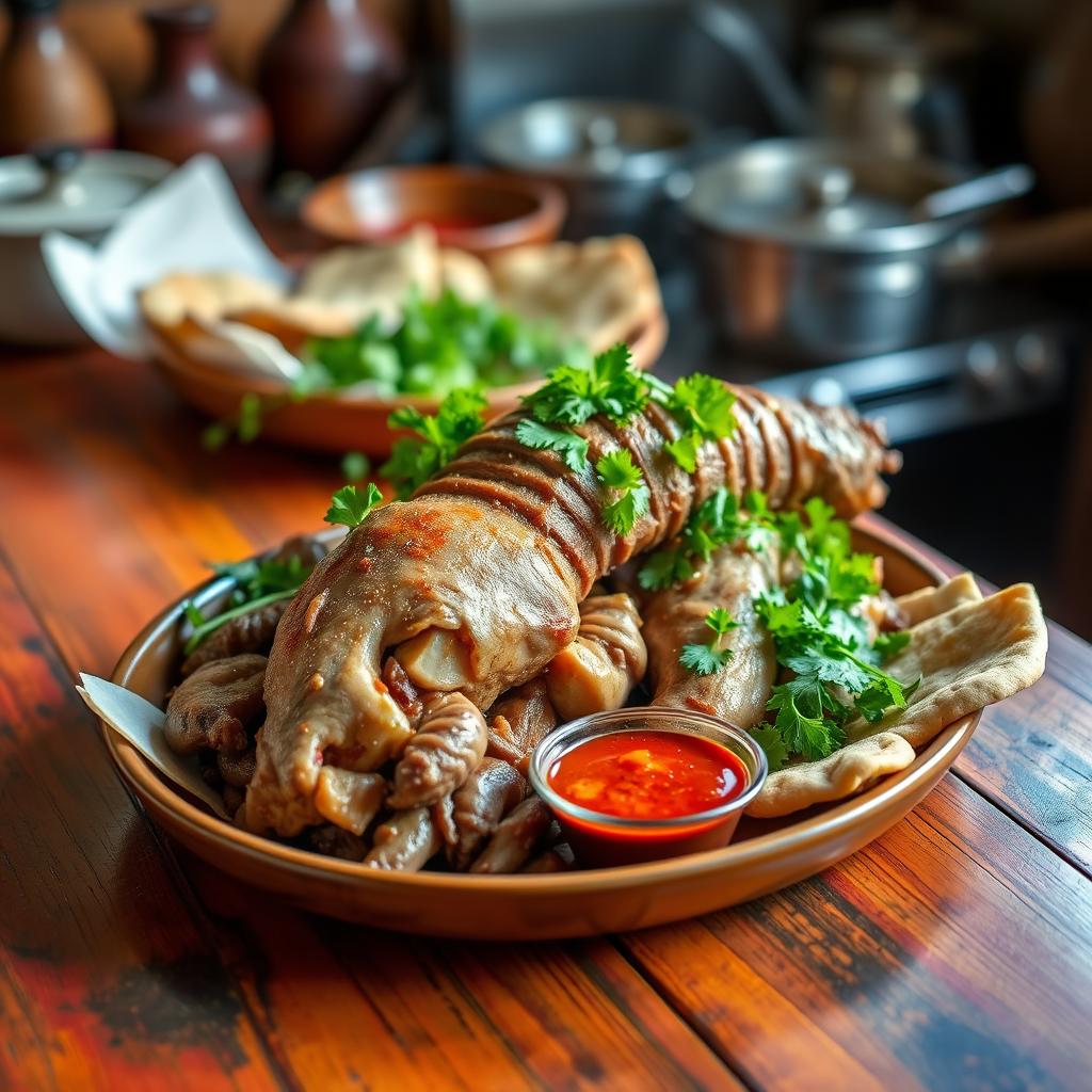 A beautifully arranged platter of Kalleh Pacheh, a traditional Middle Eastern dish consisting of sheep's head and trotters, garnished with parsley and served with fresh herbs, flatbread, and a side of spicy dipping sauce