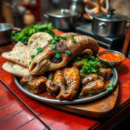 A beautifully arranged platter of Kalleh Pacheh, a traditional Middle Eastern dish consisting of sheep's head and trotters, garnished with parsley and served with fresh herbs, flatbread, and a side of spicy dipping sauce