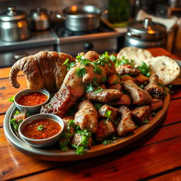 A beautifully arranged platter of Kalleh Pacheh, a traditional Middle Eastern dish consisting of sheep's head and trotters, garnished with parsley and served with fresh herbs, flatbread, and a side of spicy dipping sauce
