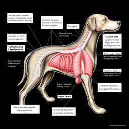 An intricate anatomical illustration of the respiratory system of dogs, showcasing detailed structures