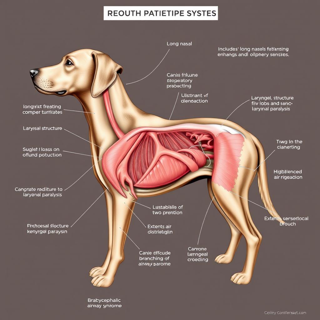 An intricate anatomical illustration of the respiratory system of dogs, showcasing detailed structures