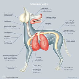 An intricate anatomical illustration of the respiratory system of dogs, showcasing detailed structures