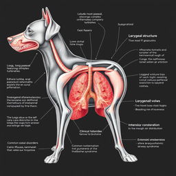 An intricate anatomical illustration of the respiratory system of dogs, showcasing detailed structures