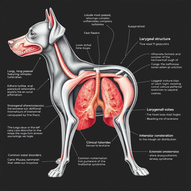 An intricate anatomical illustration of the respiratory system of dogs, showcasing detailed structures
