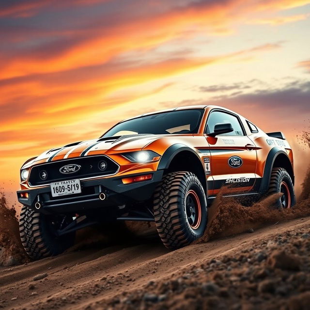 A powerful Ford Mustang off-road rally car, featuring a rugged design suitable for rough terrains