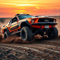 A powerful Ford Mustang off-road rally car, featuring a rugged design suitable for rough terrains