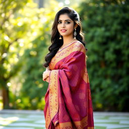 An Indian model elegantly draped in a stunningly beautiful saree, featuring intricate patterns and vibrant colors that enhance her allure