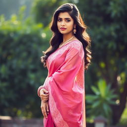 An Indian model elegantly draped in a stunningly beautiful saree, featuring intricate patterns and vibrant colors that enhance her allure