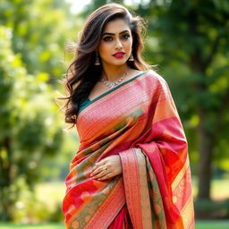 An Indian model elegantly draped in a stunningly beautiful saree, featuring intricate patterns and vibrant colors that enhance her allure