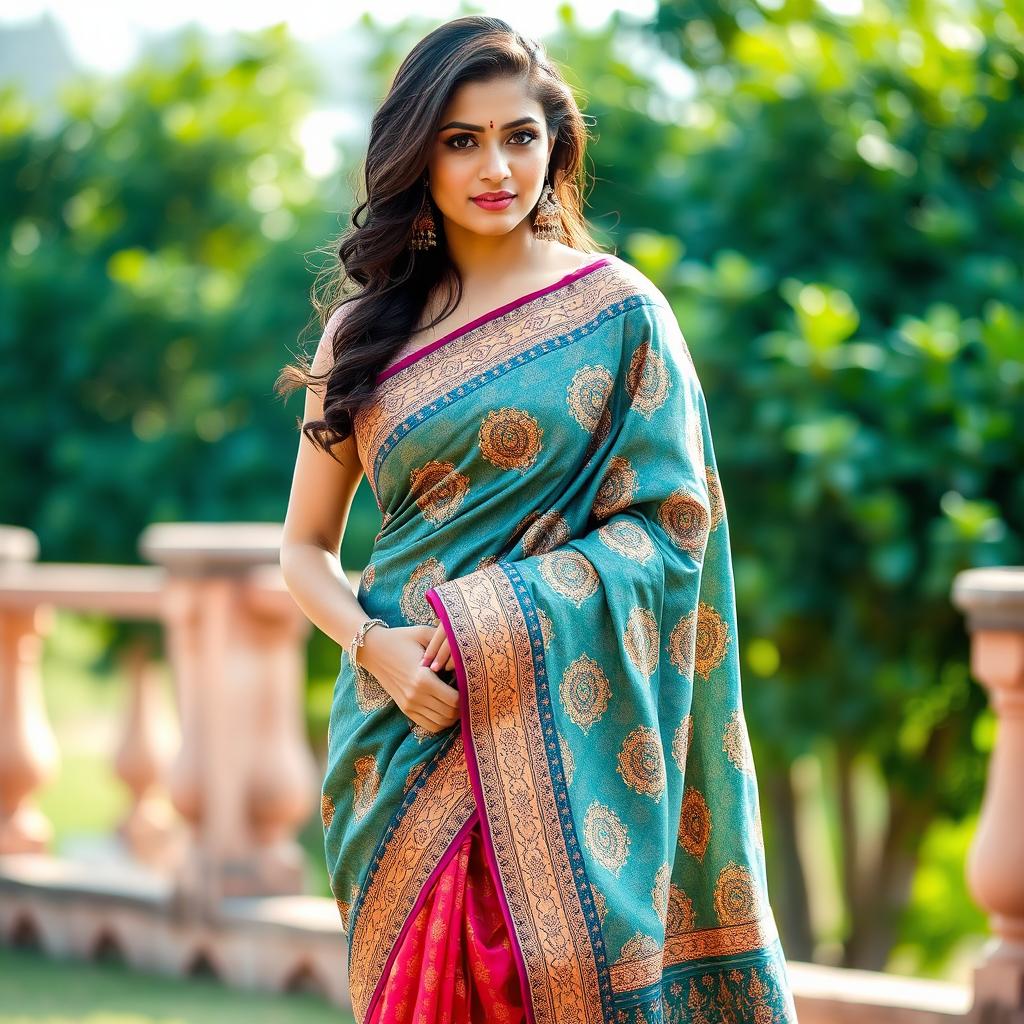 An Indian model elegantly draped in a stunningly beautiful saree, featuring intricate patterns and vibrant colors that enhance her allure