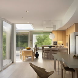 A contemporary styled living room seamlessly transitioning into a dining area and kitchen, decorated with modern furnishings and natural light.