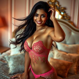 An Indian model exuding confidence, posing elegantly in luxurious and alluring lingerie
