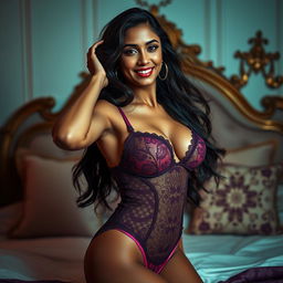 An Indian model exuding confidence, posing elegantly in luxurious and alluring lingerie