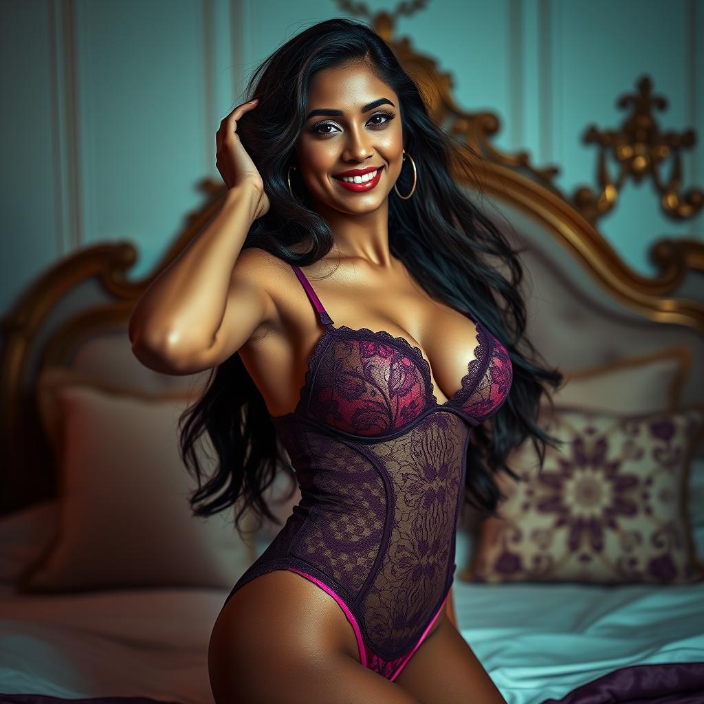 An Indian model exuding confidence, posing elegantly in luxurious and alluring lingerie