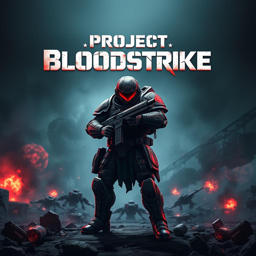 An intense gaming thumbnail inspired by Project Bloodstrike featuring a powerful, armored warrior standing in a dynamic pose amidst a futuristic battlefield