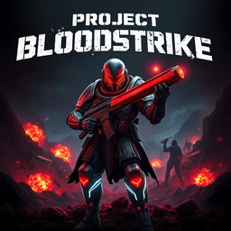 An intense gaming thumbnail inspired by Project Bloodstrike featuring a powerful, armored warrior standing in a dynamic pose amidst a futuristic battlefield