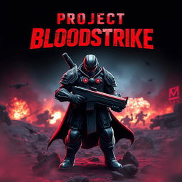 An intense gaming thumbnail inspired by Project Bloodstrike featuring a powerful, armored warrior standing in a dynamic pose amidst a futuristic battlefield