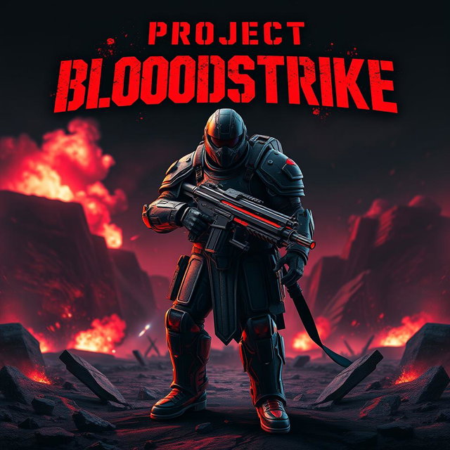 An intense gaming thumbnail inspired by Project Bloodstrike featuring a powerful, armored warrior standing in a dynamic pose amidst a futuristic battlefield