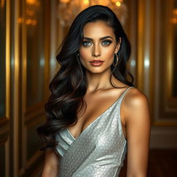 A stunning Italian woman with long, dark wavy hair and captivating blue eyes, dressed in a shimmering silver dress that reflects soft light
