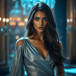 A stunning Italian woman with long, dark wavy hair and captivating blue eyes, dressed in a shimmering silver dress that reflects soft light