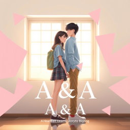 A romantic book cover design titled 'A & A' by VerlandiP0, featuring a light and enchanting theme that showcases two teenagers in a school setting