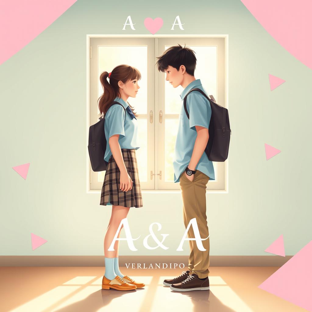 A romantic book cover design titled 'A & A' by VerlandiP0, featuring a light and enchanting theme that showcases two teenagers in a school setting