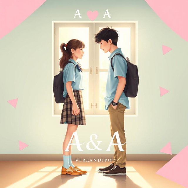 A romantic book cover design titled 'A & A' by VerlandiP0, featuring a light and enchanting theme that showcases two teenagers in a school setting