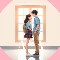 A romantic book cover design titled 'A & A' by VerlandiP0, featuring a light and enchanting theme that showcases two teenagers in a school setting