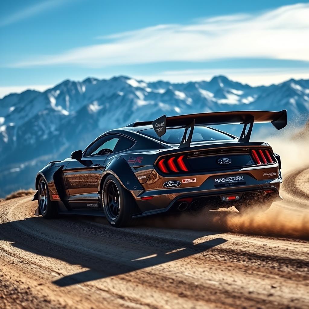 The iconic Ford Mustang Hoonicorn, a powerful modified muscle car, racing up the challenging slopes of Pikes Peak