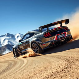 The iconic Ford Mustang Hoonicorn, a powerful modified muscle car, racing up the challenging slopes of Pikes Peak