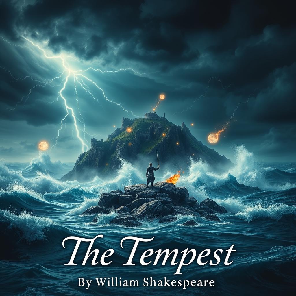 A dramatic representation of 'The Tempest' by William Shakespeare, featuring a captivating island surrounded by a tumultuous sea