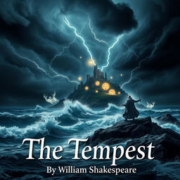 A dramatic representation of 'The Tempest' by William Shakespeare, featuring a captivating island surrounded by a tumultuous sea