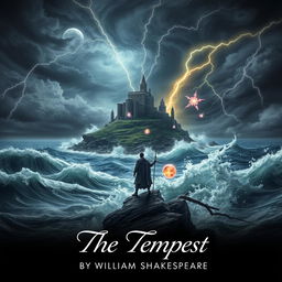 A dramatic representation of 'The Tempest' by William Shakespeare, featuring a captivating island surrounded by a tumultuous sea