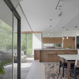 A contemporary styled living room seamlessly transitioning into a dining area and kitchen, decorated with modern furnishings and natural light.