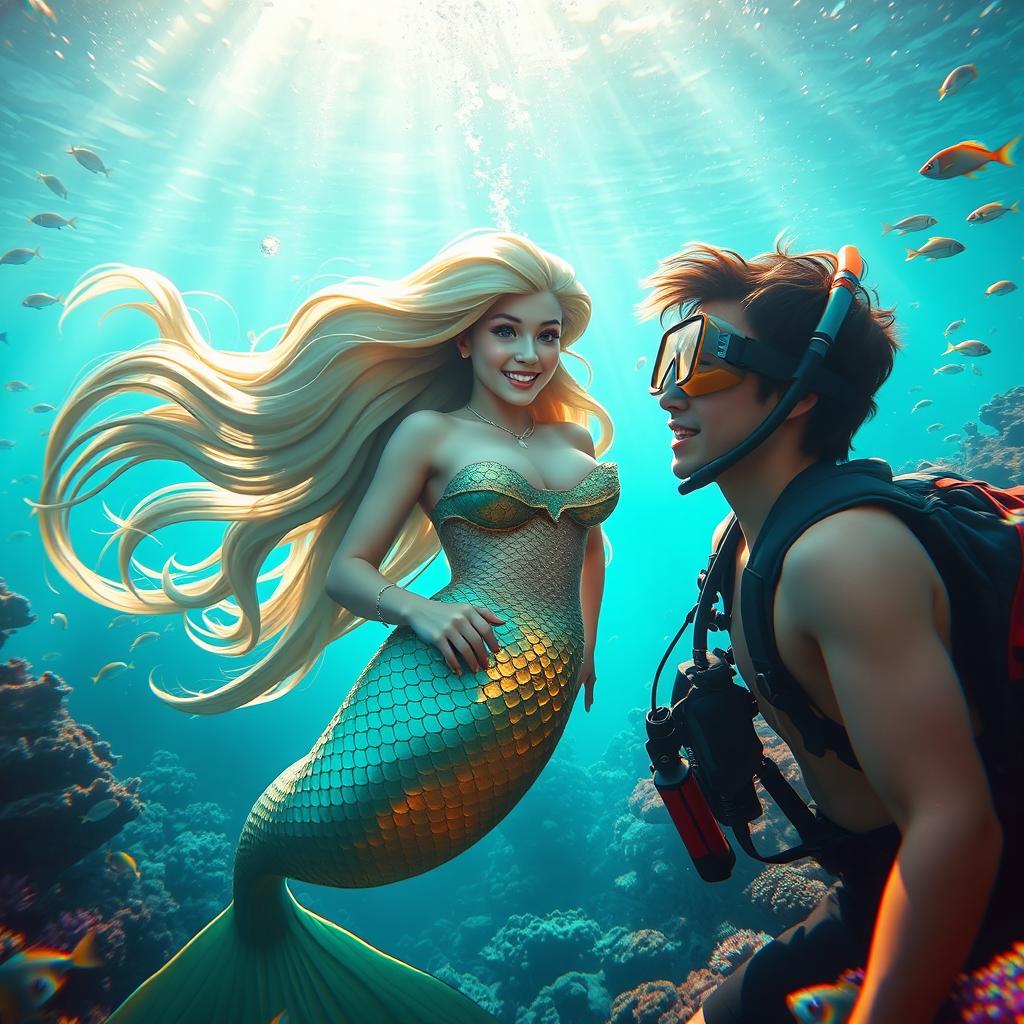 An enchanting underwater scene showcasing a close friendship between a mermaid and a human