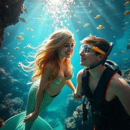 An enchanting underwater scene showcasing a close friendship between a mermaid and a human
