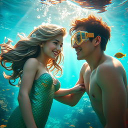 An enchanting underwater scene showcasing a close friendship between a mermaid and a human