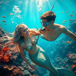 An enchanting underwater scene showcasing a close friendship between a mermaid and a human