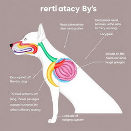 An anatomical illustration of the respiratory system of a dog, emphasizing the nasal anatomy with long, moist nasal passages and complex turbinates for enhanced olfactory sensing