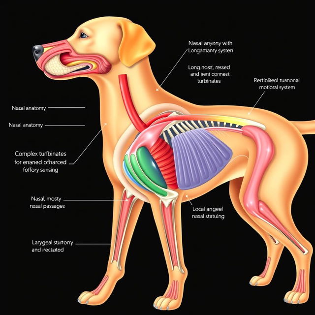 An anatomical illustration of the respiratory system of a dog, emphasizing the nasal anatomy with long, moist nasal passages and complex turbinates for enhanced olfactory sensing